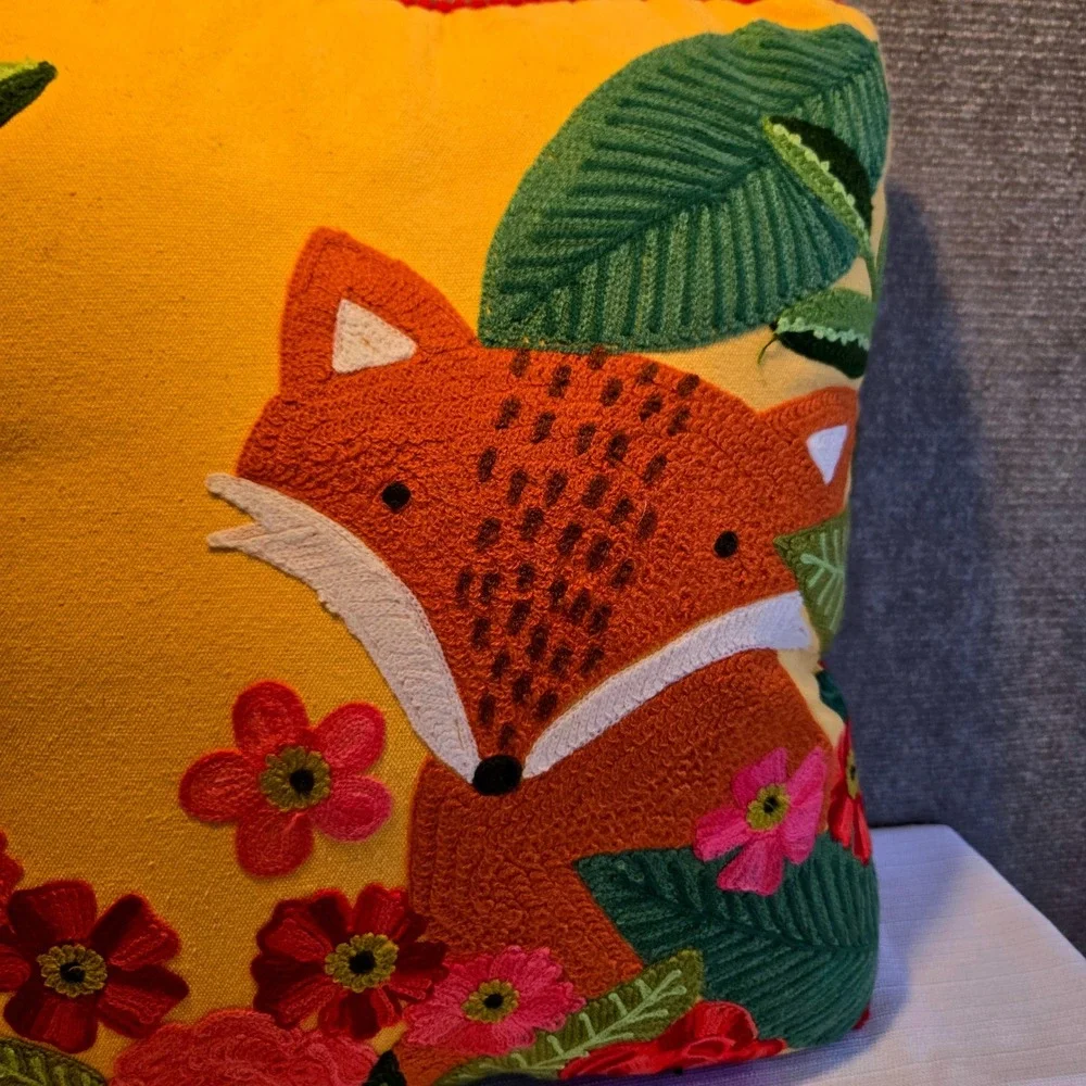 Karma Living Garden Fox Throw Pillow Embroidered Woodland Details‎ Yellow